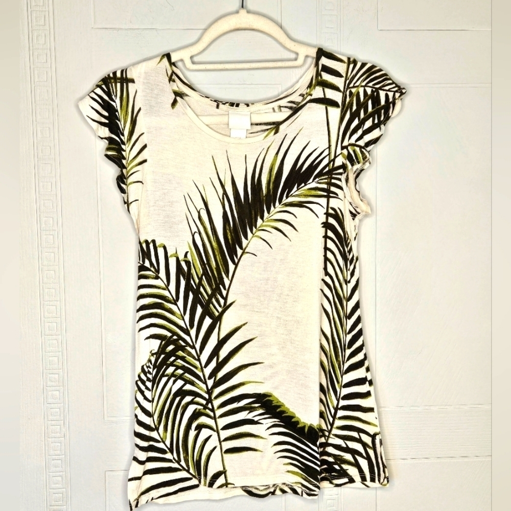 H&M Lightweight Top Cap Sleeve Slits Boat Neck Ivory Green Sz XS EUC